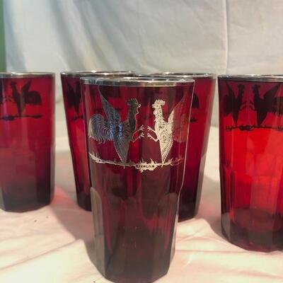 Red Highball Glasses with Silver Roosters