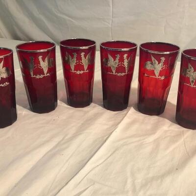 Red Highball Glasses with Silver Roosters