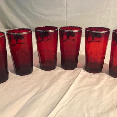 Red Highball Glasses with Silver Roosters