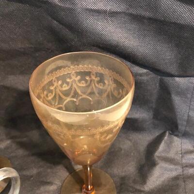 Vintage Amber Wine Glasses with Silver overlay deco design cream pitcher