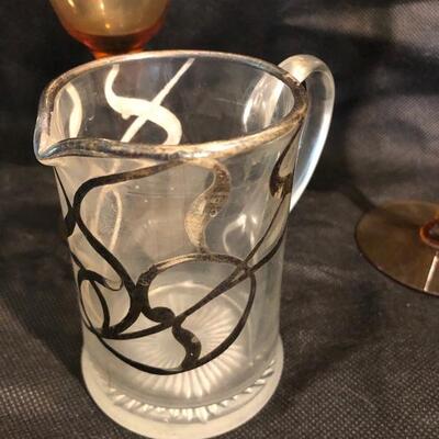 Vintage Amber Wine Glasses with Silver overlay deco design cream pitcher