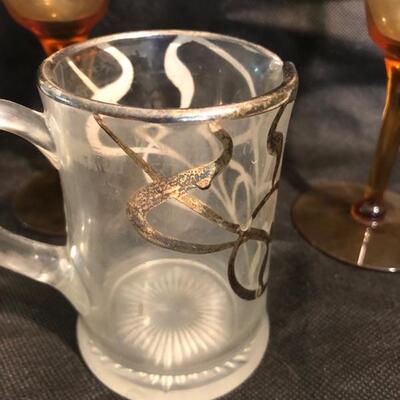 Vintage Amber Wine Glasses with Silver overlay deco design cream pitcher