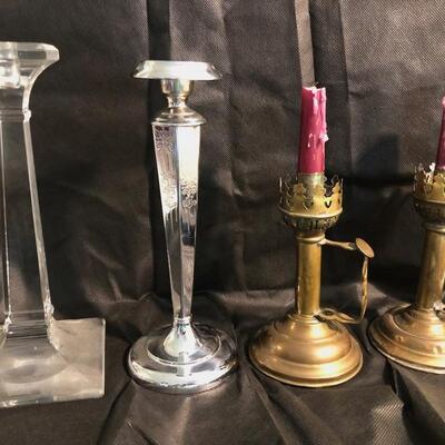Assorted Candle Sticks plus 2 glass, decorative wax catchers
