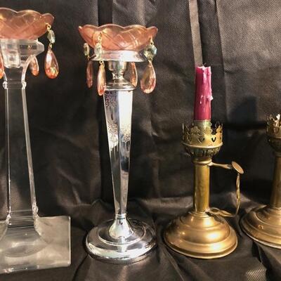 Assorted Candle Sticks plus 2 glass, decorative wax catchers