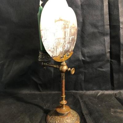 Victorian Carved Abilone shell scene on a decorative brass candlestick