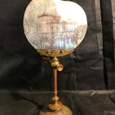Victorian Carved Abilone shell scene on a decorative brass candlestick