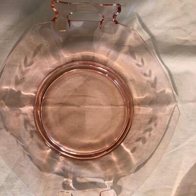 VintageÂ  depression glass cake plates, serving bowl and plates in pink and green