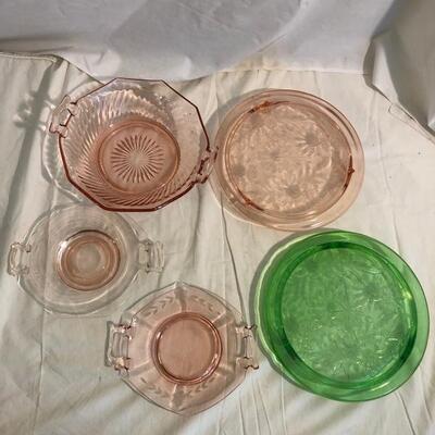 VintageÂ  depression glass cake plates, serving bowl and plates in pink and green