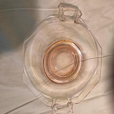VintageÂ  depression glass cake plates, serving bowl and plates in pink and green