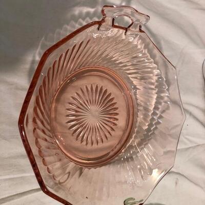 VintageÂ  depression glass cake plates, serving bowl and plates in pink and green
