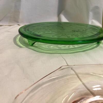 VintageÂ  depression glass cake plates, serving bowl and plates in pink and green