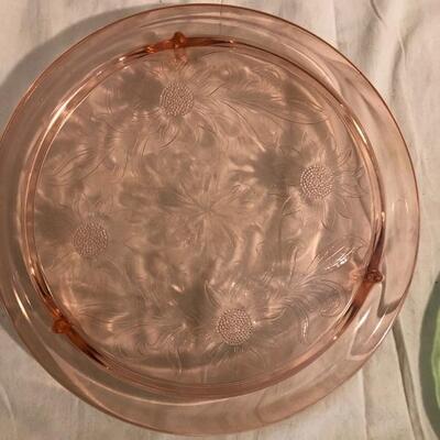 VintageÂ  depression glass cake plates, serving bowl and plates in pink and green