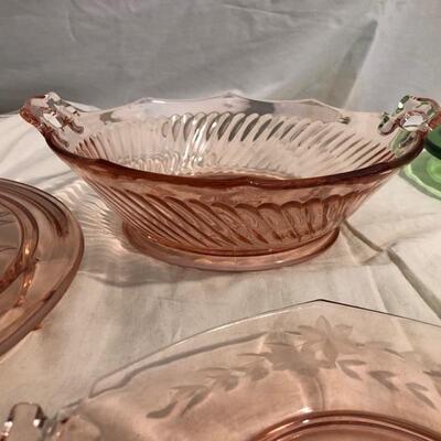 VintageÂ  depression glass cake plates, serving bowl and plates in pink and green