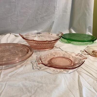 VintageÂ  depression glass cake plates, serving bowl and plates in pink and green