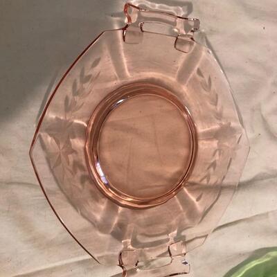 VintageÂ  depression glass cake plates, serving bowl and plates in pink and green