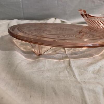 VintageÂ  depression glass cake plates, serving bowl and plates in pink and green