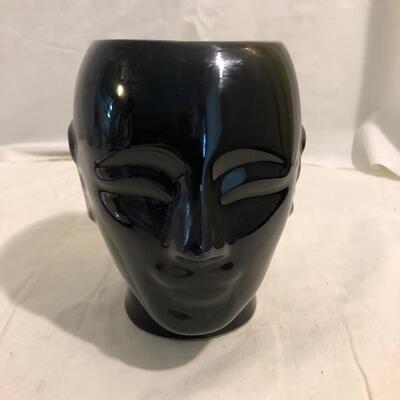 Black glass head vase with Deco design art dish