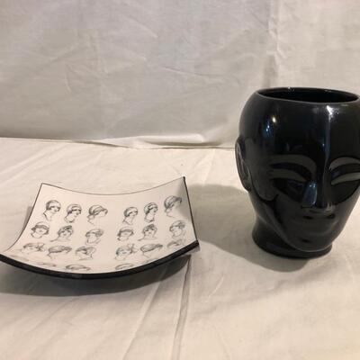 Black glass head vase with Deco design art dish