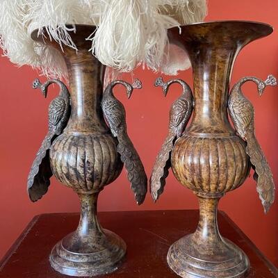 2 Victorian Metal Peacock Vases