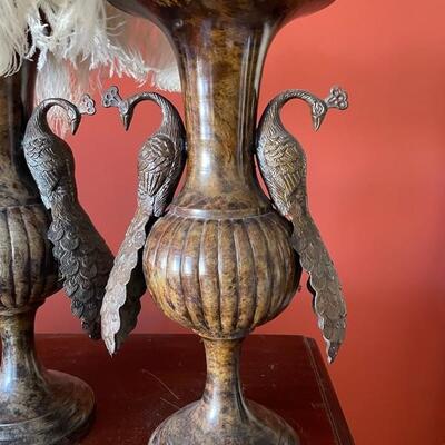 2 Victorian Metal Peacock Vases