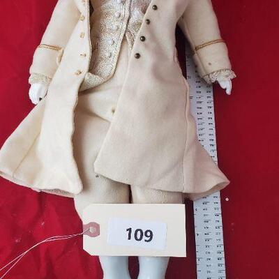 LOT# 109 19’ Vintage China Head Boy Doll Elaborate Dress