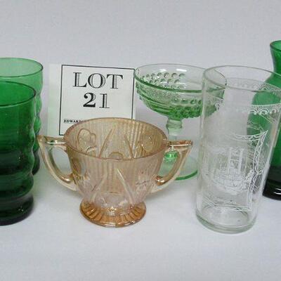 Depression Glass Forest Green Tumblers, Iris & Herringbone Creamer, Aunt Polly Sherbert, Forest Green Vase, Mississippi Tumbler