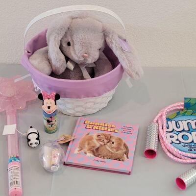 Lot 233: New Easter Basket & Bunny, Jump Rope, Book, Bubbles, Wand, Lip Balm and Wind Up Toy 