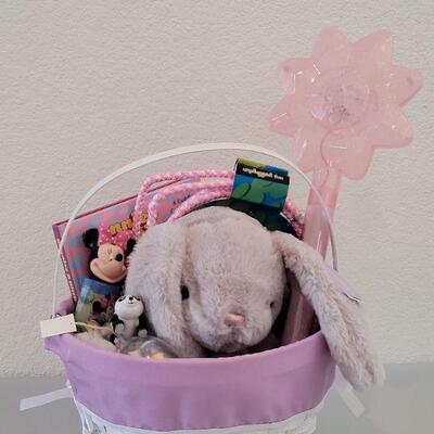 Lot 233: New Easter Basket & Bunny, Jump Rope, Book, Bubbles, Wand, Lip Balm and Wind Up Toy 