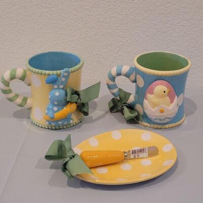 Lot 267: New Large Easter Mugs, Easter Egg Plate and Spreader 