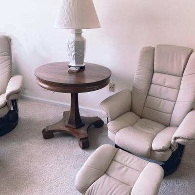 Pair Cream Leather Recliners with Ottomans