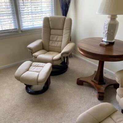 Pair Cream Leather Recliners with Ottomans