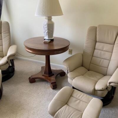 Pair Cream Leather Recliners with Ottomans