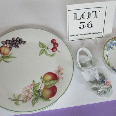 4 England Fruit Plates, Nippon Small Dish, Fancy Slipper Applied Flowers