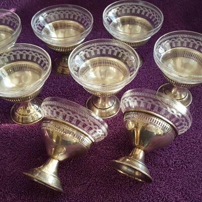 Set of 8 Vintage Etched Glass & Sterling (?) Sherbets.