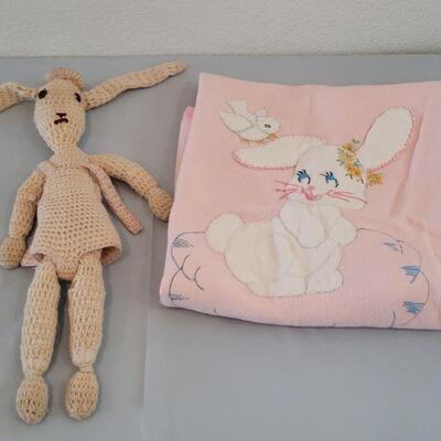 Lot 301: Vintage Crochet Bunny and Needlepoint Bunny Blanket