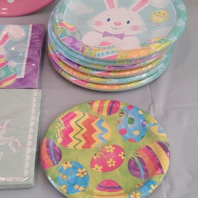 Lot 307: New Disposable Plates Napkins, Serving Tray, Plastic Cups and Easter Basket Wrap