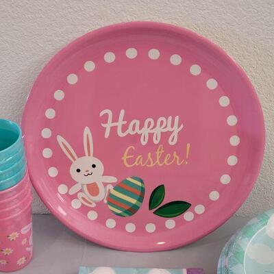 Lot 307: New Disposable Plates Napkins, Serving Tray, Plastic Cups and Easter Basket Wrap