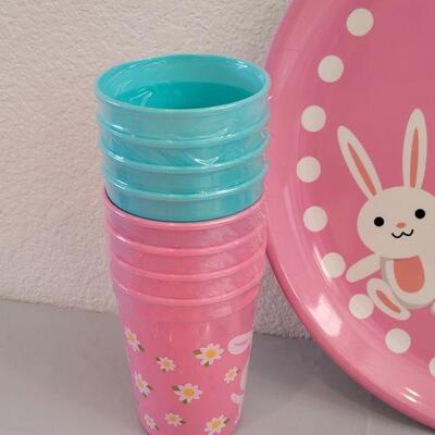 Lot 307: New Disposable Plates Napkins, Serving Tray, Plastic Cups and Easter Basket Wrap
