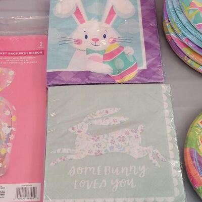 Lot 307: New Disposable Plates Napkins, Serving Tray, Plastic Cups and Easter Basket Wrap