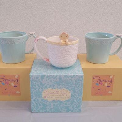 Lot 308: New (2) Peek a Boo Bunny Large Mugs and Mug with Little Chick Spoon Large Mug