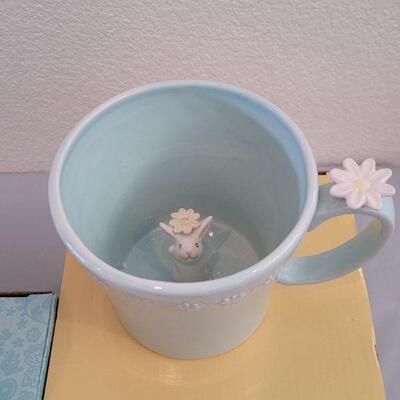 Lot 308: New (2) Peek a Boo Bunny Large Mugs and Mug with Little Chick Spoon Large Mug