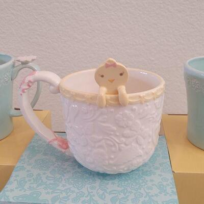 Lot 308: New (2) Peek a Boo Bunny Large Mugs and Mug with Little Chick Spoon Large Mug