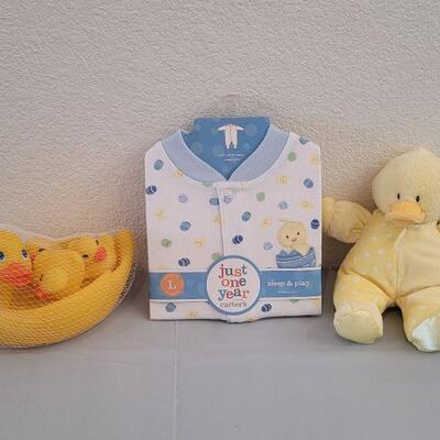 Lot 311: Baby Boy (12m) Easter Sleep & Play Outfit, Rubber Duckies and Baby Gund Rattle Plushie 