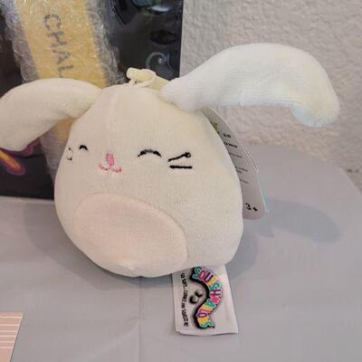 Lot 316: New Easter Basket filled with Lip Balm, Zip a long, Stickers, Chalkboard Placemat Pez, Sculpt n Soap, Goo Egg, Squishmallow and...