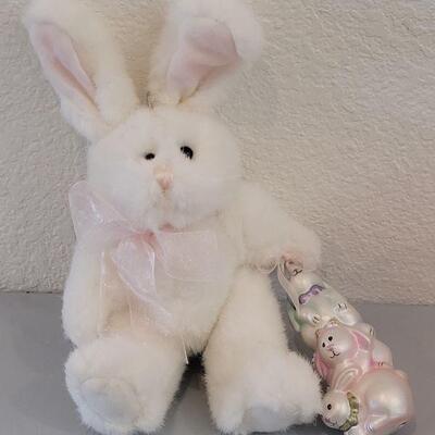 Lot 327: New Easter Bunny holding an Ornament, Hatched Chick Stained Glass Deco and Pink Glass Deco