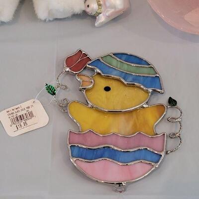 Lot 327: New Easter Bunny holding an Ornament, Hatched Chick Stained Glass Deco and Pink Glass Deco