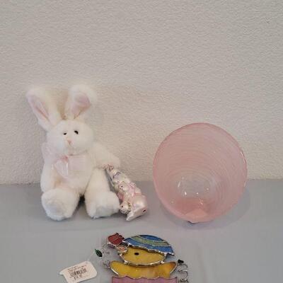 Lot 327: New Easter Bunny holding an Ornament, Hatched Chick Stained Glass Deco and Pink Glass Deco