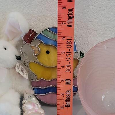 Lot 327: New Easter Bunny holding an Ornament, Hatched Chick Stained Glass Deco and Pink Glass Deco