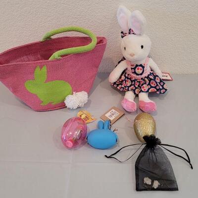 Lot 243: New Hallmark Bunny Purse Basket filled with Hallmark Bunny Earrings, Bunny Coin Purse, Lip Balm, Golden Egg with a Scarf and...