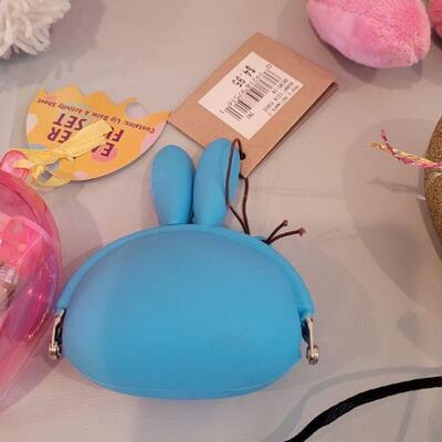 Lot 243: New Hallmark Bunny Purse Basket filled with Hallmark Bunny Earrings, Bunny Coin Purse, Lip Balm, Golden Egg with a Scarf and...